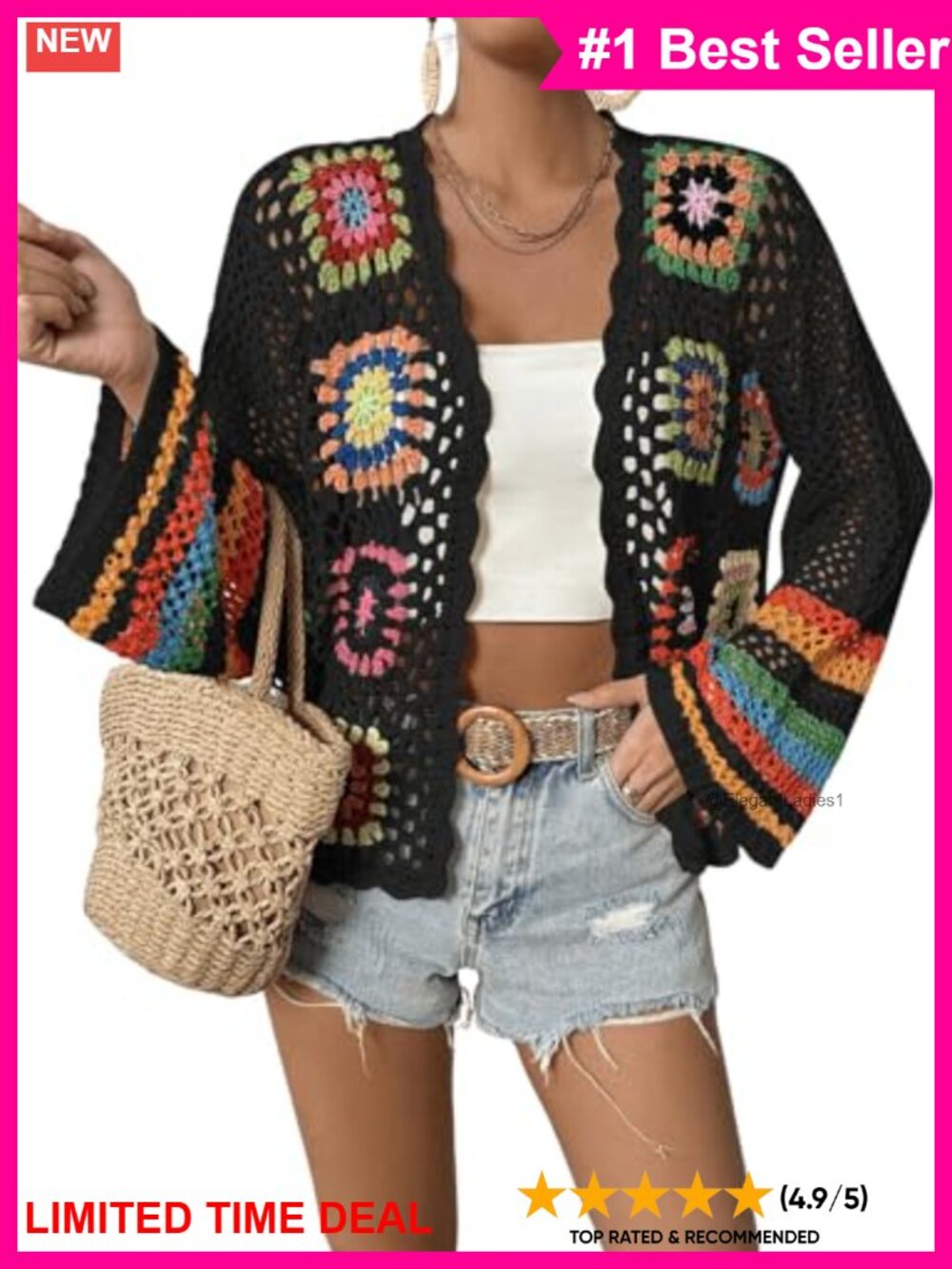 Womens Floral Crochet Cardigan Open Front Hollow Out Lightweight Summer Beach